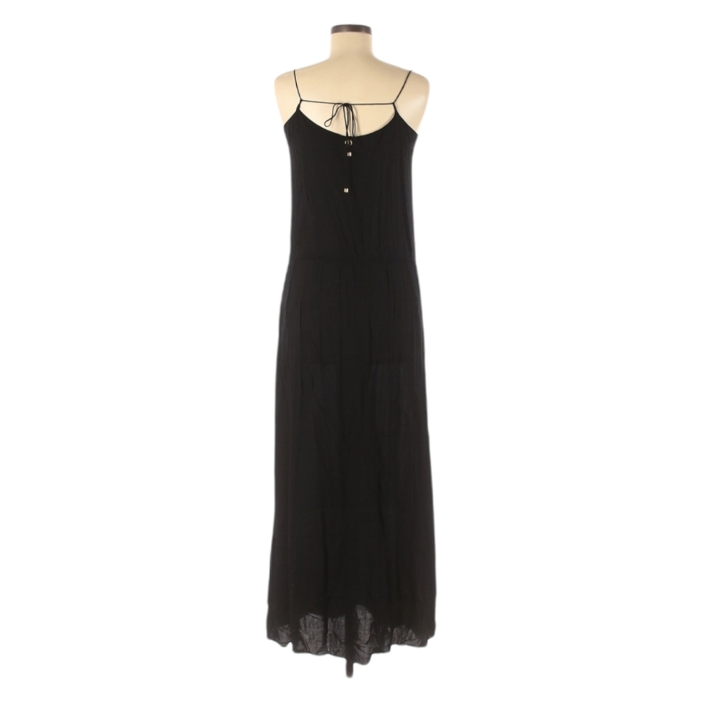 VIX Casual Black Long Maxi Dress Size M Tie Waist Spaghetti Strap V-neck Buttons - Picture 2 of 11